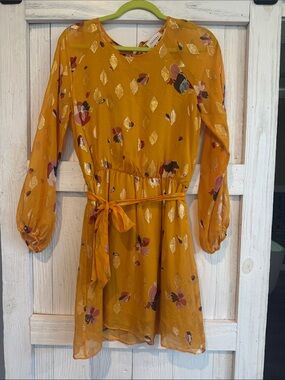 Sezane Mustard Yellow Floral Dress with Metallic Leaf Details